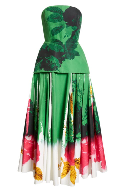 Floral Print Strapless Cocktail Dress in Green