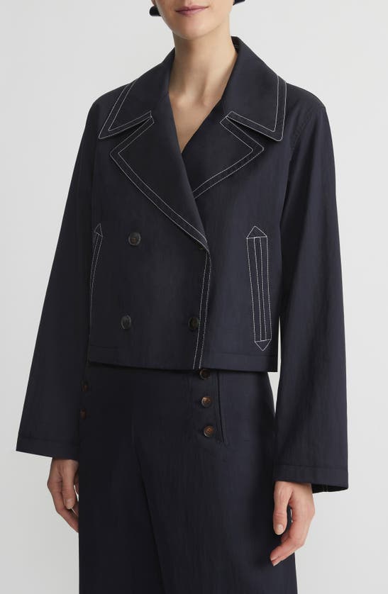 Shop Lafayette 148 Contrast Stitch Cotton Blend Twill Double Breasted Jacket In Navy