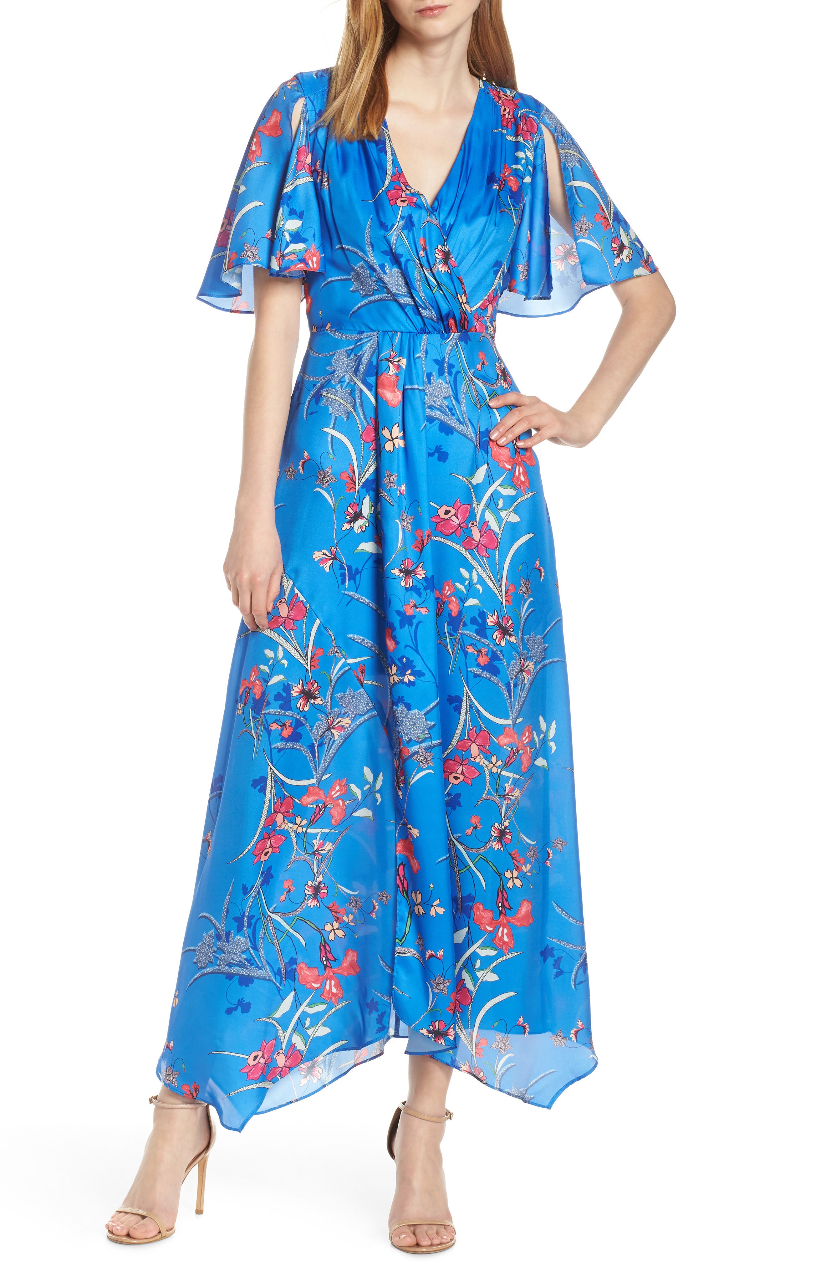 Harlyn Printed Flutter Sleeve Gown, Blue