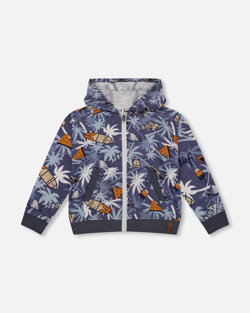 Deux Par Deux Little Boy's French Terry Hooded Cardigan Printed Palm Tree And Surf at Nordstrom