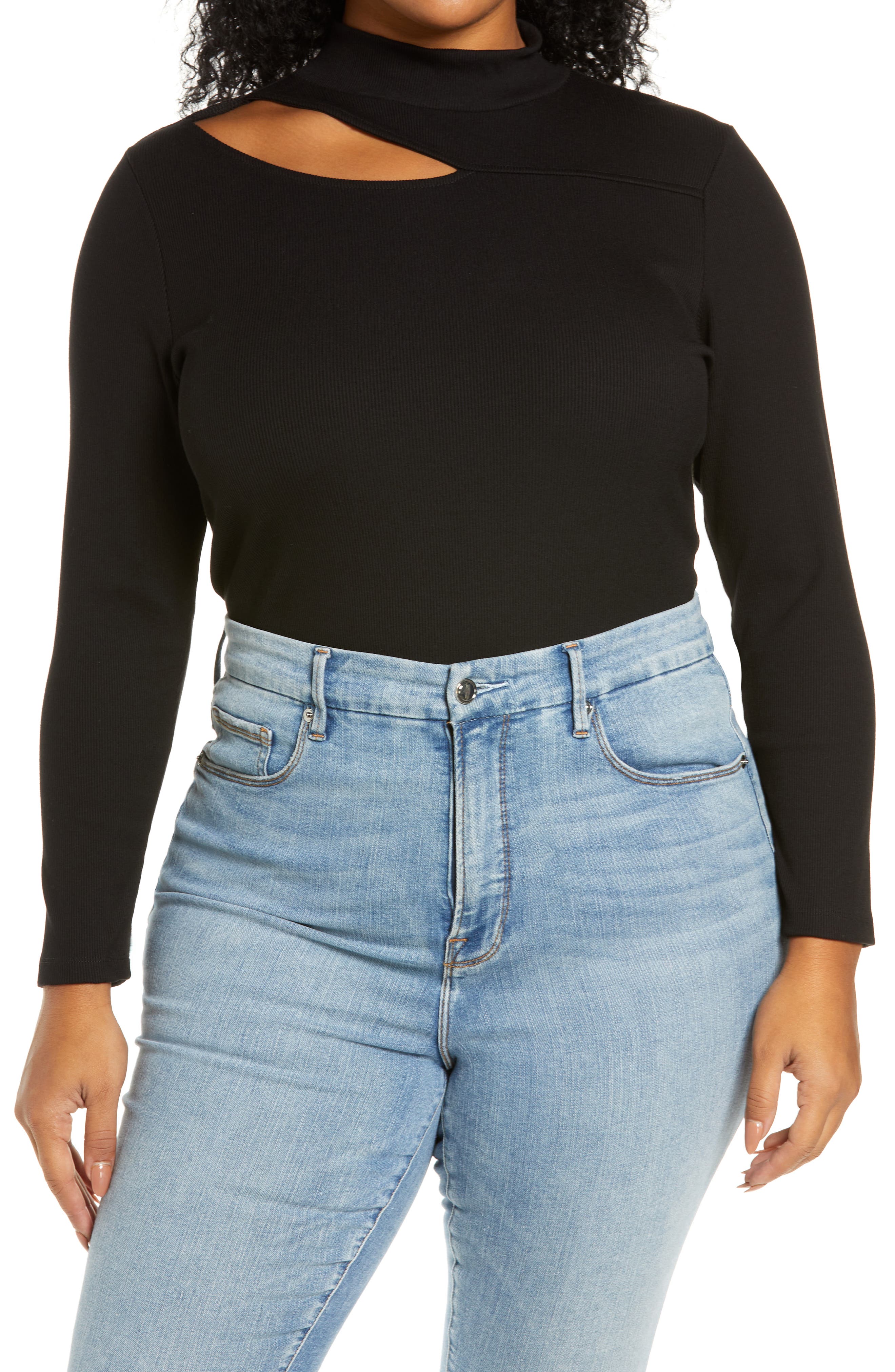 Ever New Coco Cutout Detail Mock Neck Top in Black at Nordstrom