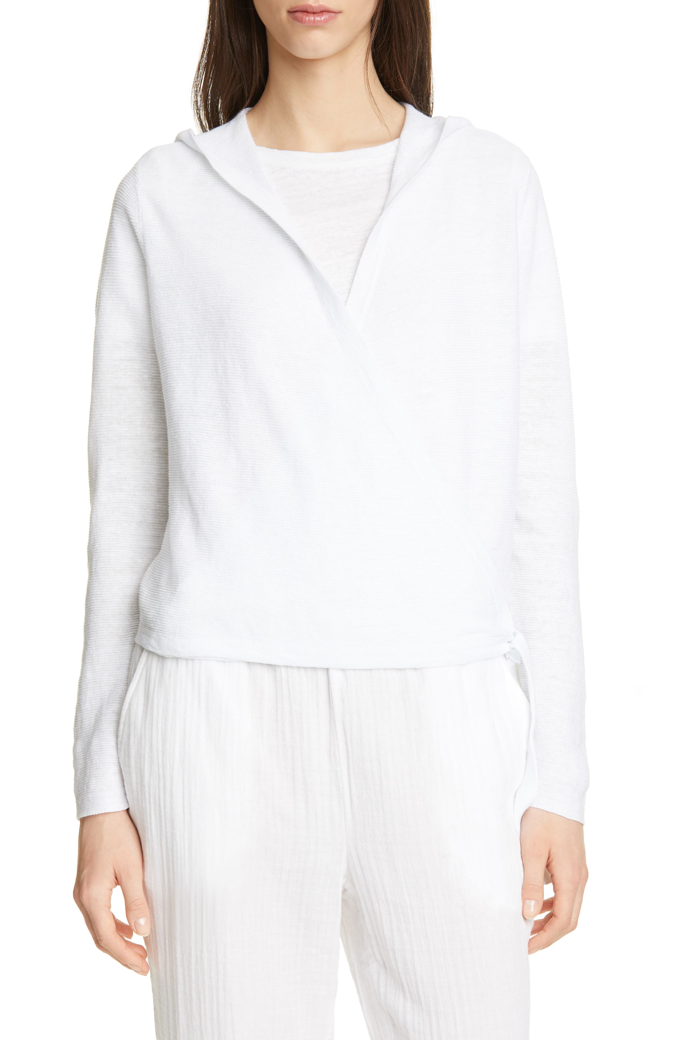 Eileen Fisher Organic Linen Knit Hooded Wrap Cardigan, White