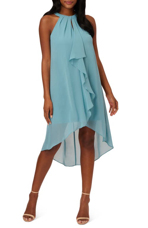 Adrianna Papell Draped Ruffle Chiffon High Low Dress in Moody Aqua