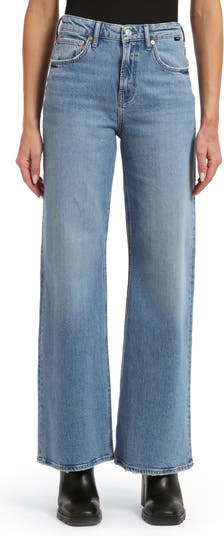 High Waisted Recycled White Thread Jeans, Blue Denim