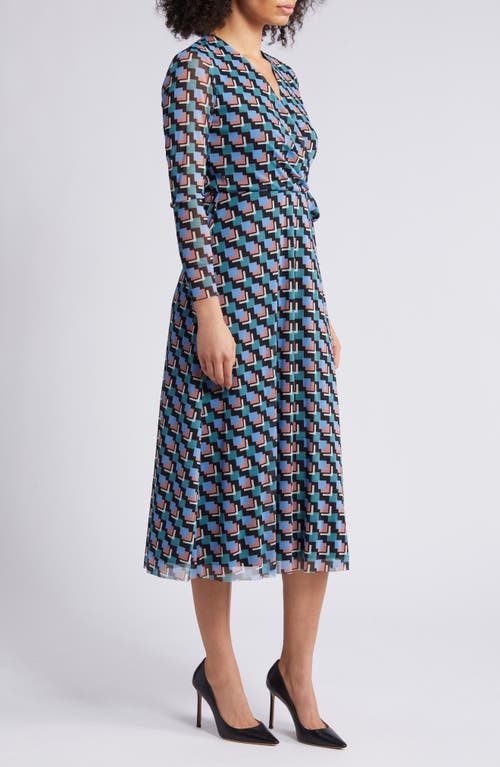 Shop Anne Klein Geo Print Long Sleeve Faux Wrap Midi Dress In Anne Black/cape Blue Multi