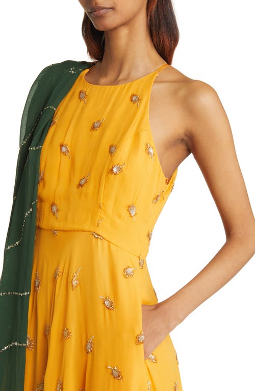 Shop Sani Nila Anarkali With Dupatta In Marigold/green Dupatta