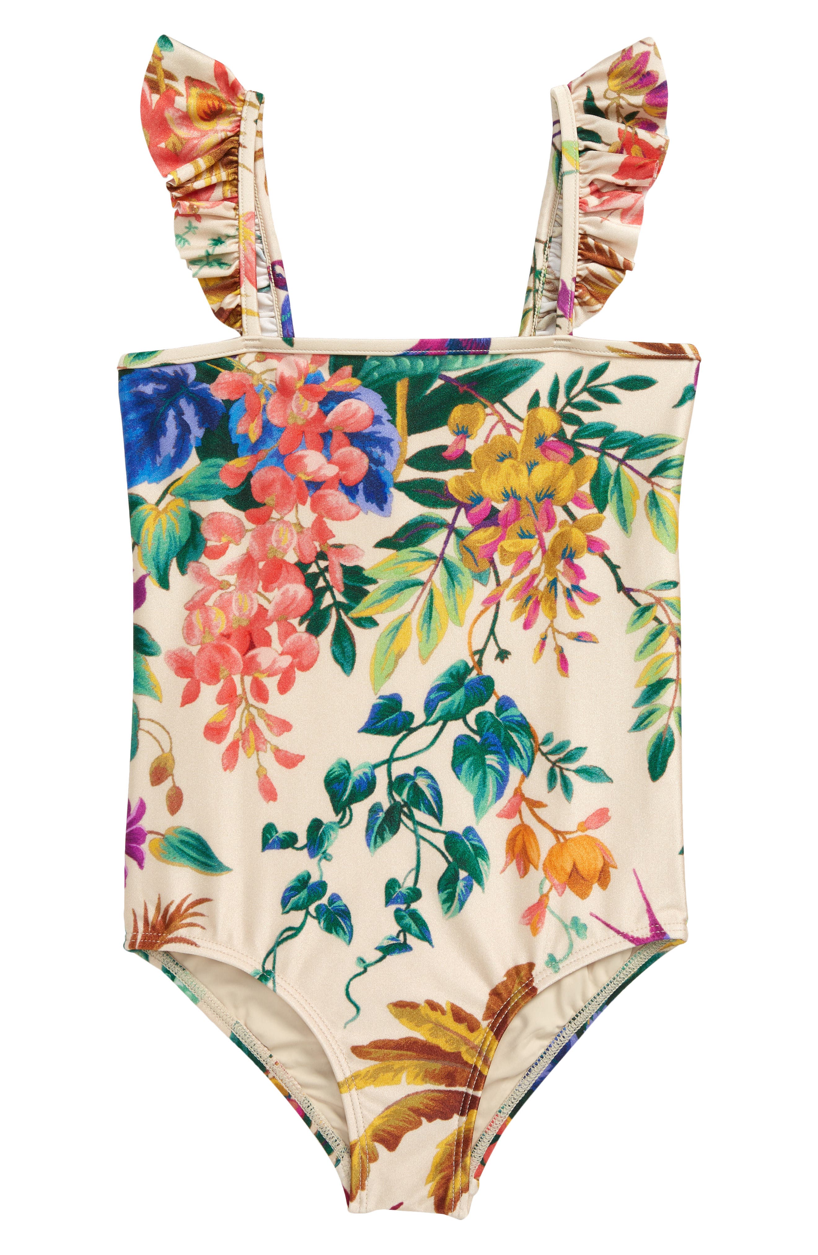 Zimmermann Kids' Tropicana Print Frill One-Piece Swimsuit in Cream Floral at Nordstrom, Size 4Y Us