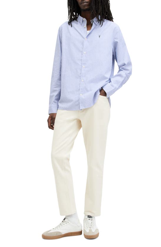 Shop Allsaints Hillview Pinstripe Long Sleeve Button-up Shirt In Daisy White/ Sur Blue