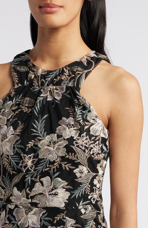 Shop Maggy London Floral Embroidered Mesh Gown In Black/mauve/gold