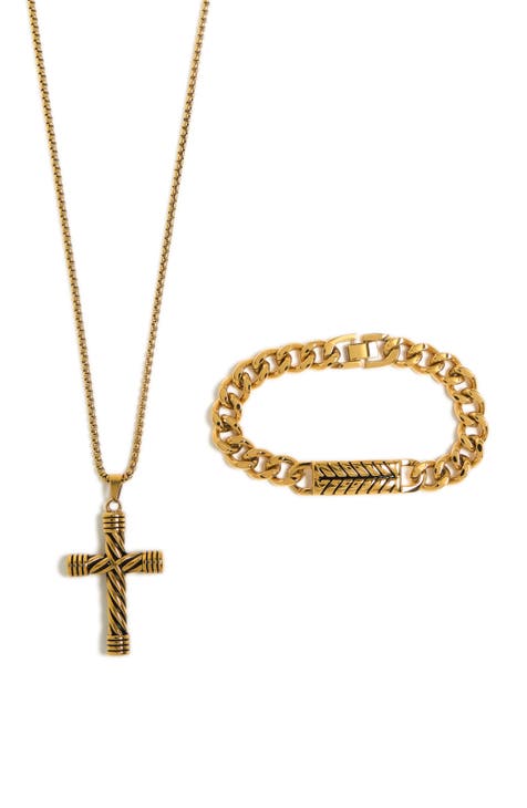 Men's Cross Pendant Necklace & Chain Bracelet Set
