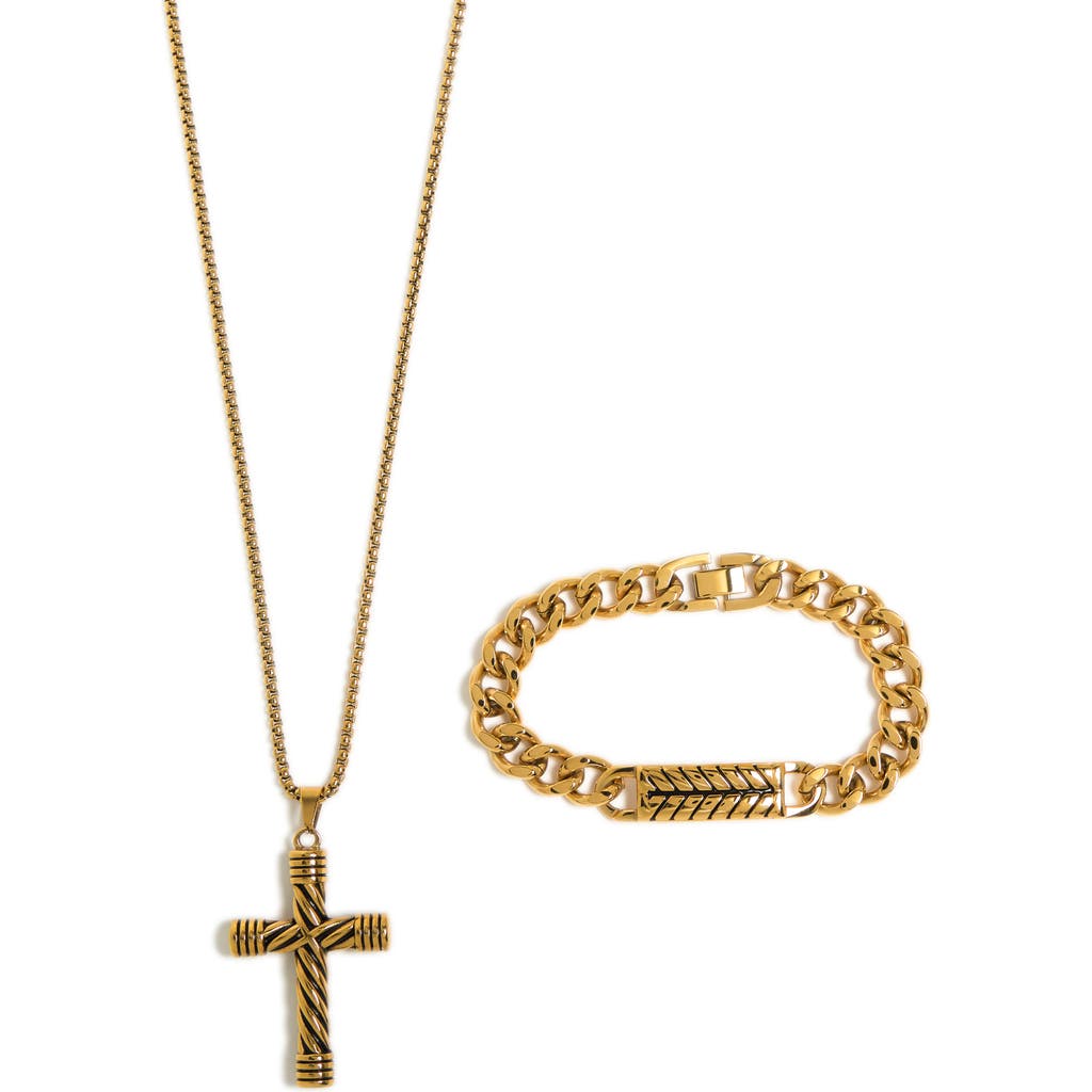 American Exchange Cross Pendant Necklace & Chain Bracelet Set In Gold