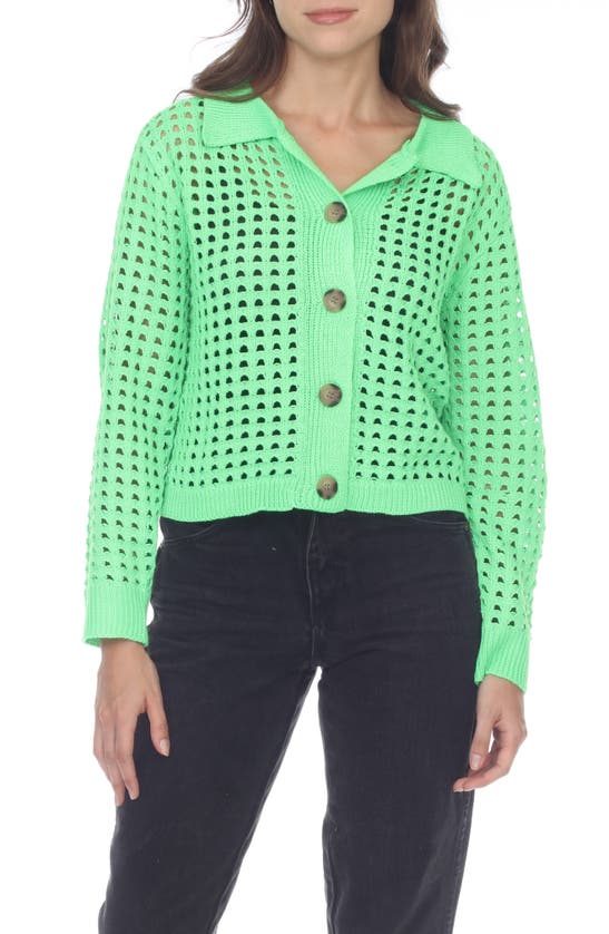 Rain Open Stitch Button Front Cardigan In Lime