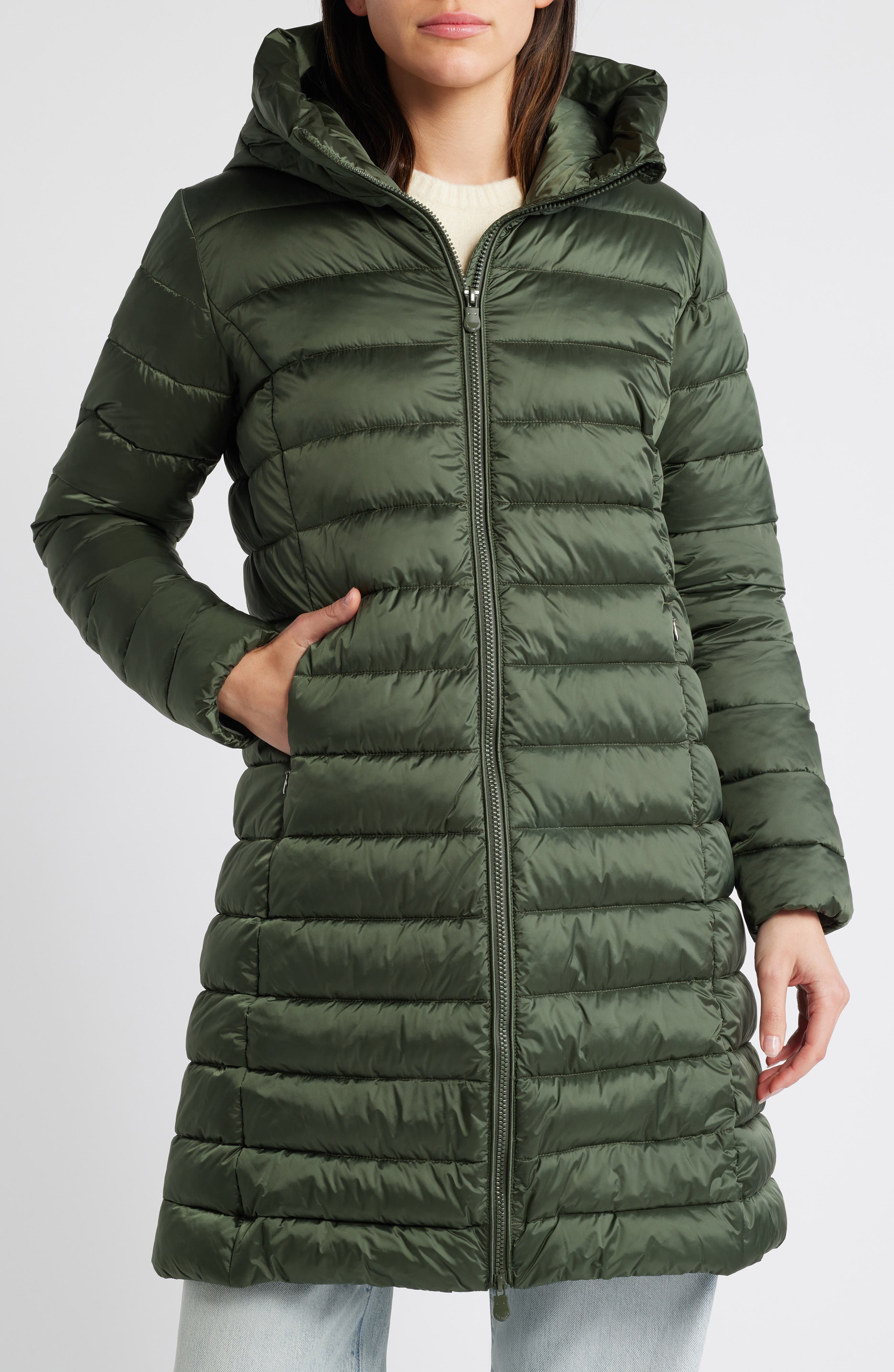 Save The Duck Saffron Water Repellent Hooded Quilted Puffer Coat in Thyme Green Cover