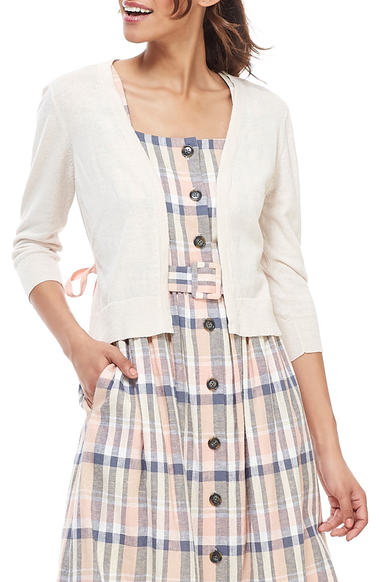 Gal Meets Glam Collection Alana Back Tie Linen Blend Cardigan, Beige