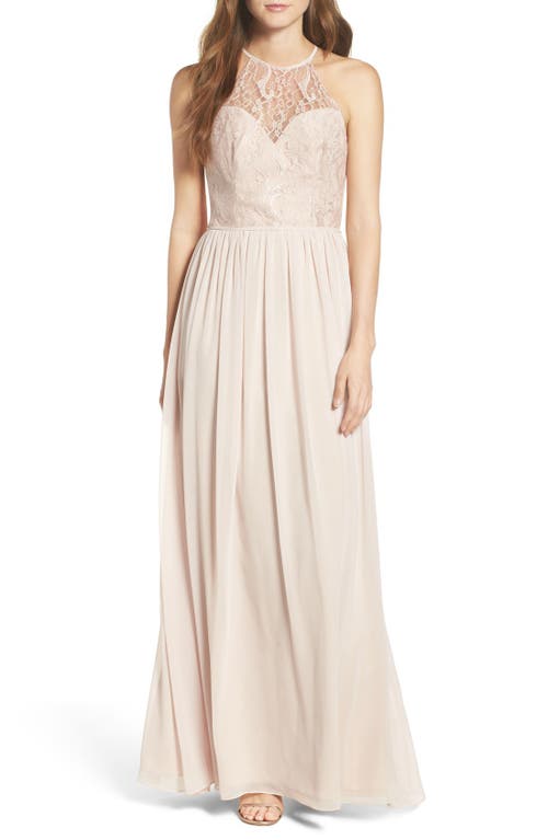Hayley Paige Occasions Lace & Chiffon Halter Gown In Rose/ Blush/ Cashmere