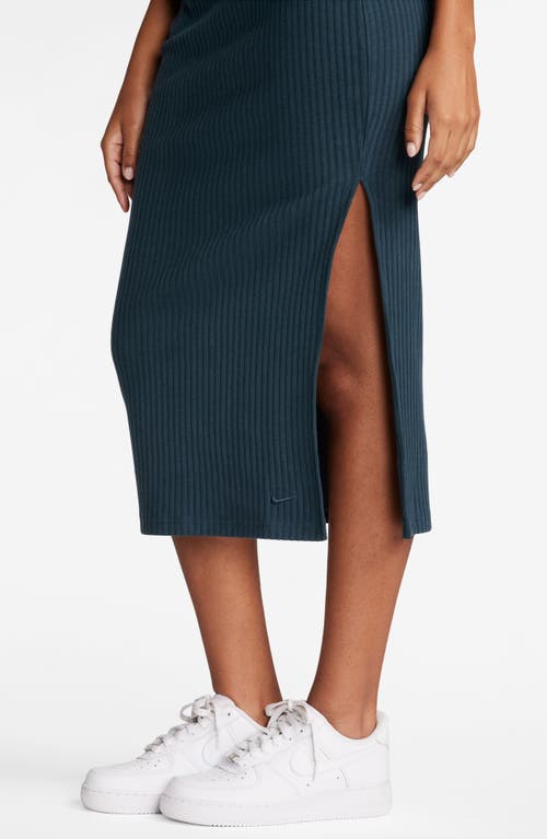 Shop Nike Side Slit Rib Midi Skirt In Armory Navy/armory Navy