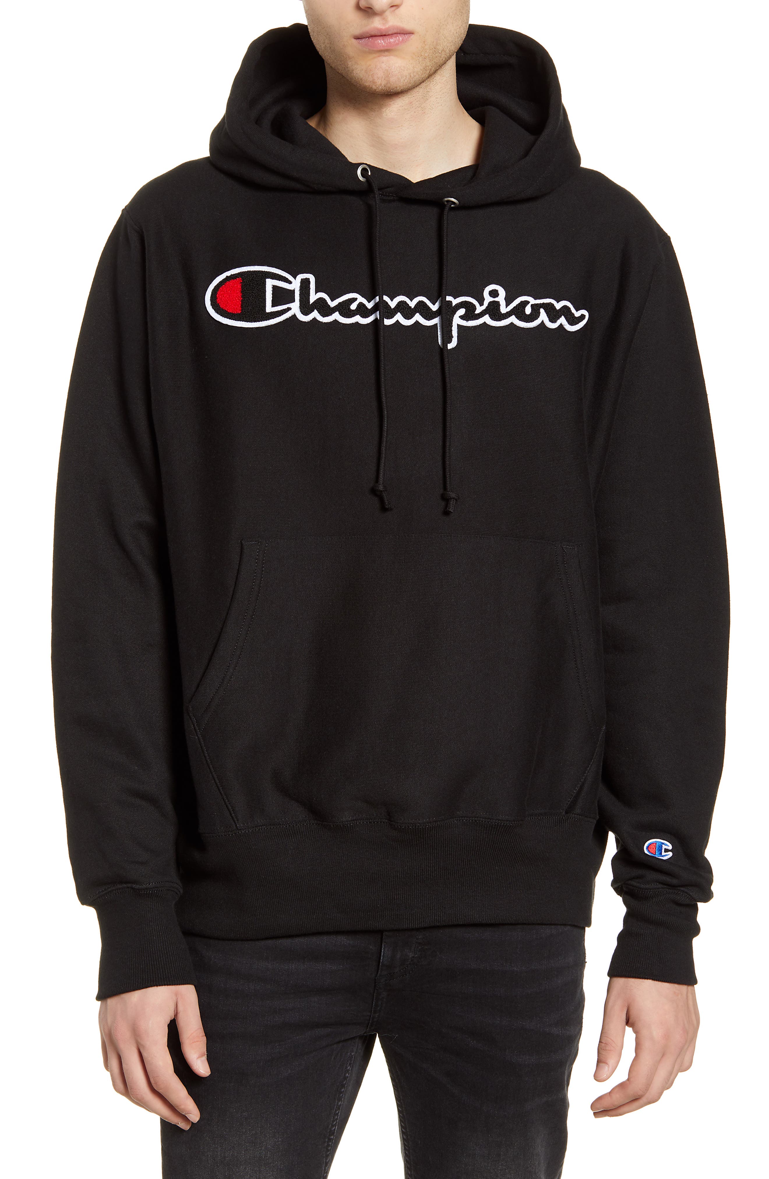 champion reverse weave small logo black hoodie