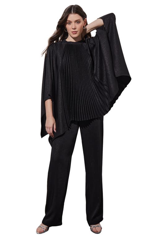 Ming Wang Shimmering Pleated Woven Top In Black/silver