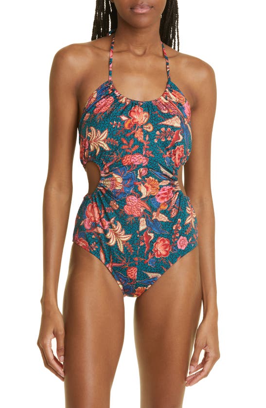 ULLA JOHNSON MABEL PRINT RUCHED CUTOUT ONE-PIECE SWIMSUIT