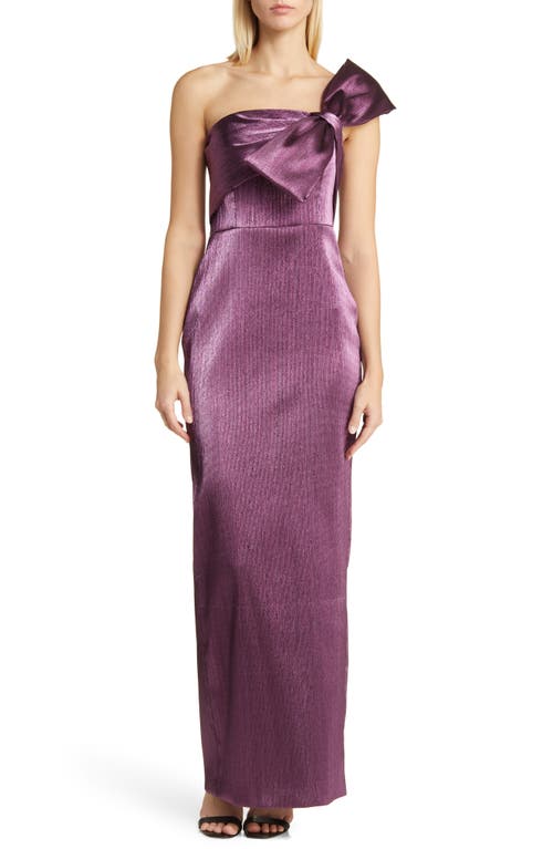 Bisella Bow Metallic One-Shoulder Gown in Purple Passion