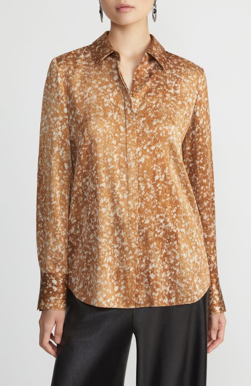 Shop Lafayette 148 New York Scottie Floating Leaves Print Stretch Silk Button-up Shirt In Camel Multi