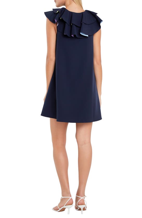 Shop English Factory Multicolor Lined Ruffle Shift Dress In Navy Multi