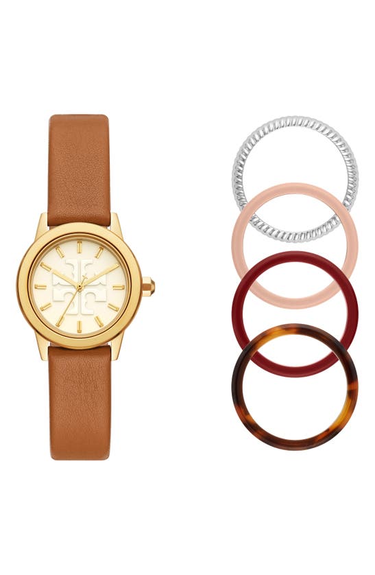 Tory Burch Gigi Leather Watch & Top Rings Set, 28mm In Gold 