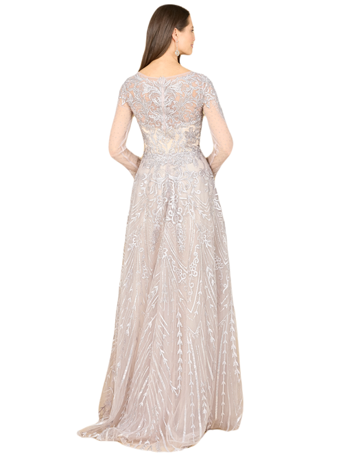 Lara New York Long Sleeve High Neck Gown In Fog