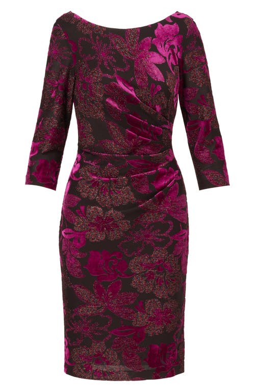 ADRIANNA PAPELL ADRIANNA PAPELL FLORAL METALLIC DRAPE BACK THREE-QUARTER SLEEVE MIDI BURNOUT VELVET SHEATH DRESS
