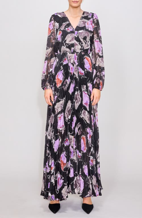 MELLODAY Print Long Sleeve Chiffon Maxi Dress in Black Purple 