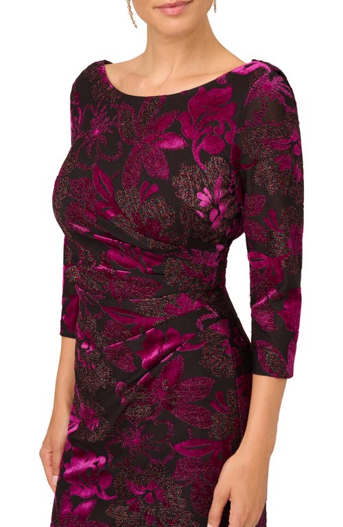 ADRIANNA PAPELL ADRIANNA PAPELL FLORAL METALLIC DRAPE BACK THREE-QUARTER SLEEVE MIDI BURNOUT VELVET SHEATH DRESS