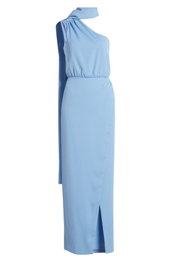 Shop Black Halo Fantasia Neck Scarf One-shoulder Column Gown In Blue Bliss