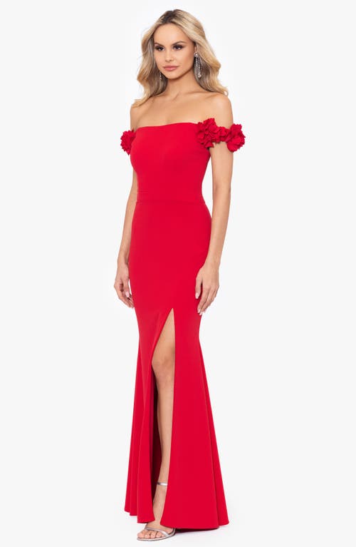 XSCAPE EVENINGS XSCAPE EVENINGS FLOWER OFF THE SHOULDER SCUBA CREPE GOWN 