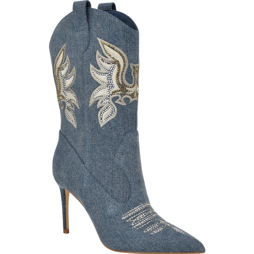 Guess Women's Rasima Denim Rhinestone Embellished High Heel Western Boots In Medium Blue