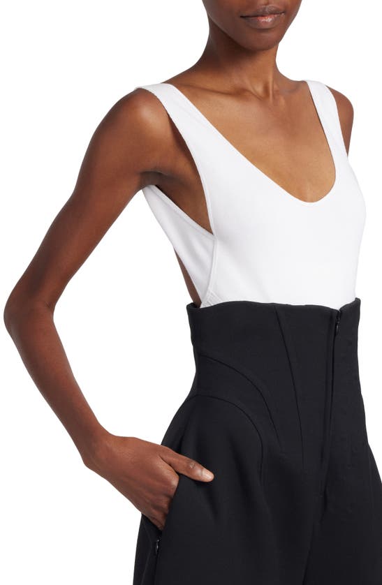 Shop Alaïa Cutout Open Back Cotton Rib Bodysuit In Blanc