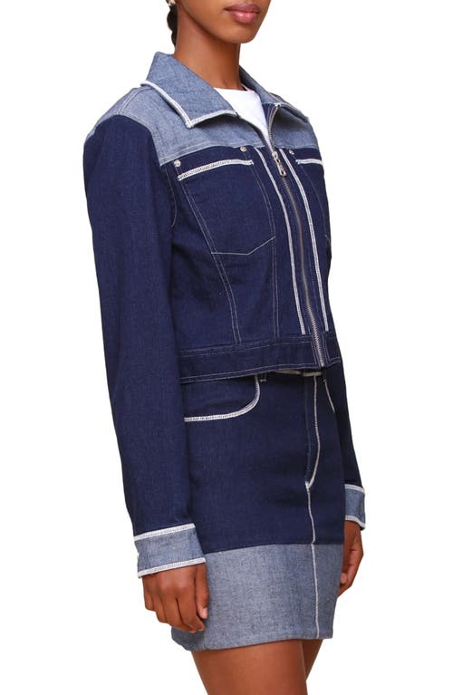 Shop Avec Les Filles Colorblock Crop Denim Jacket In Dark Rinse Wash