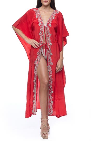 Shop Ranee's Ranees Embellished Longline Duster In Red