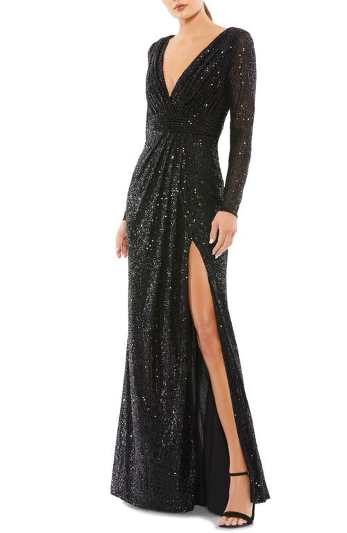 Sequin Long Sleeve Faux Wrap Gown in Black