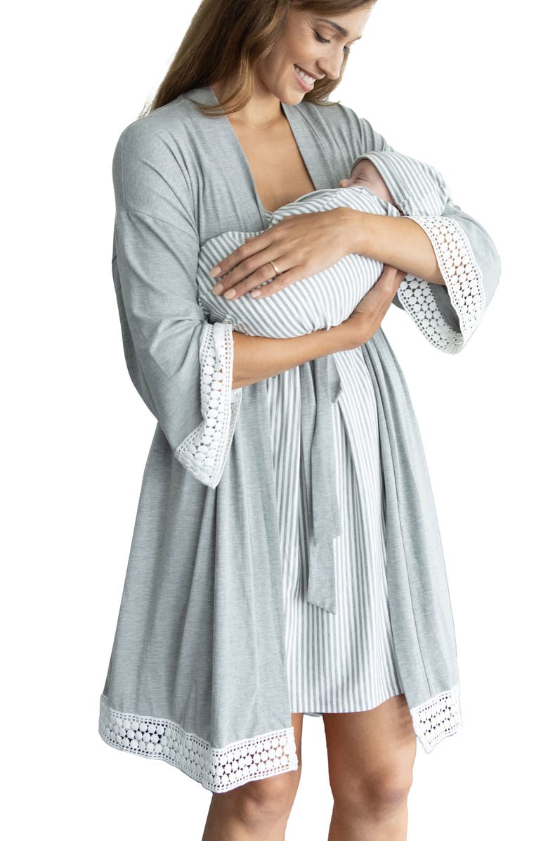 Angel Maternity Nursing/Maternity Dress, Robe & Baby Wrap Set, Main, color, Grey/ White