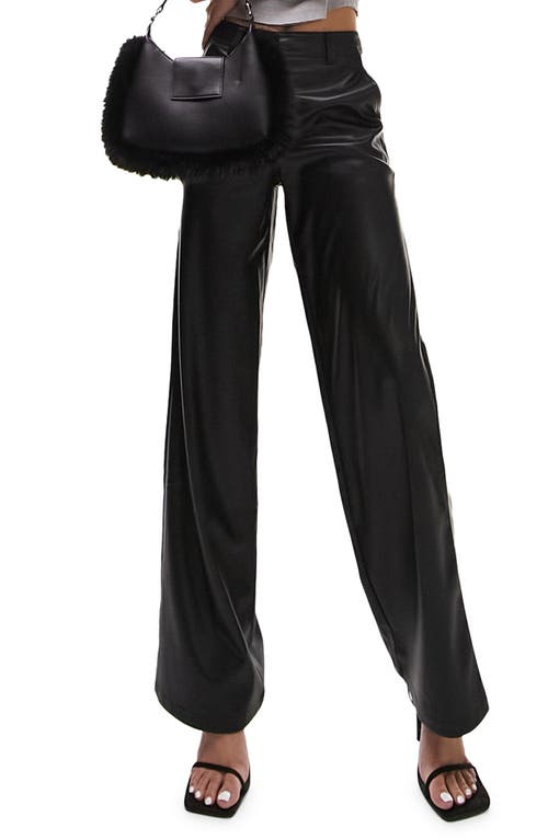 Topshop Faux Leather Wide Leg Trousers in Black