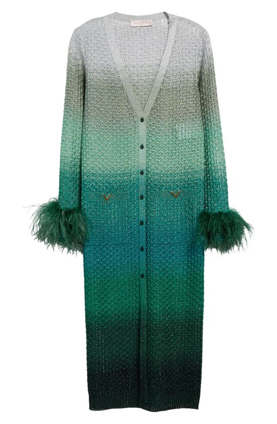 Shop Valentino Ombré Metallic Long Cardigan With Feather Cuffs In Verde/ Multicolor