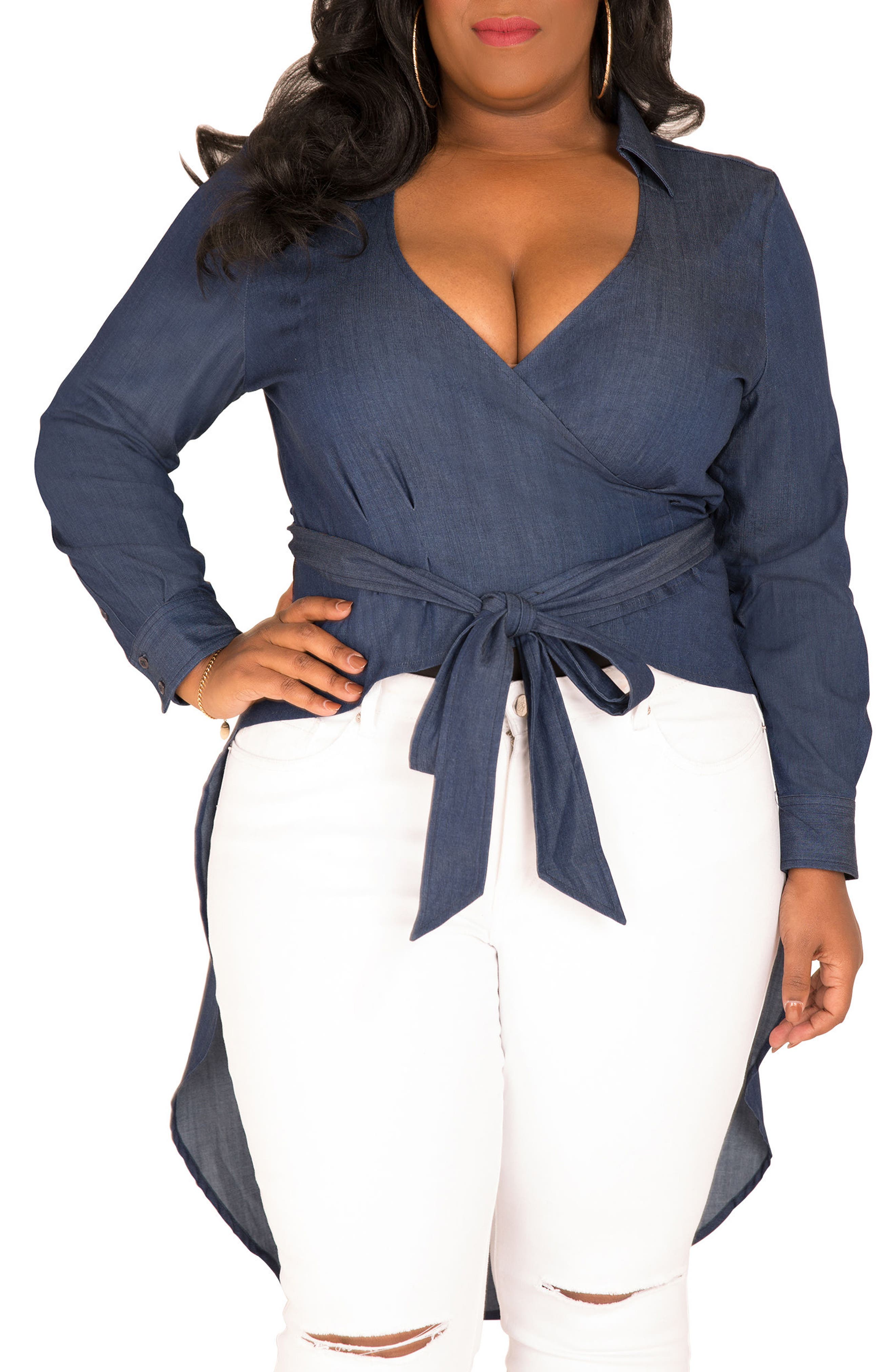 Poetic Justiceplus Size Women S Poetic Justice Randa Wrap Denim Fishtail Top Size 1x Blue Dailymail