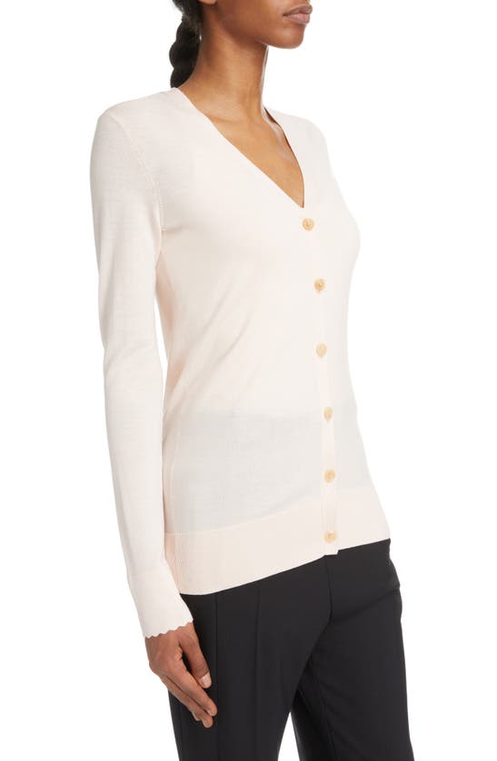 Chloé Scalloped Cuff V-neck Merino Wool Cardigan In Pansy Pink | ModeSens