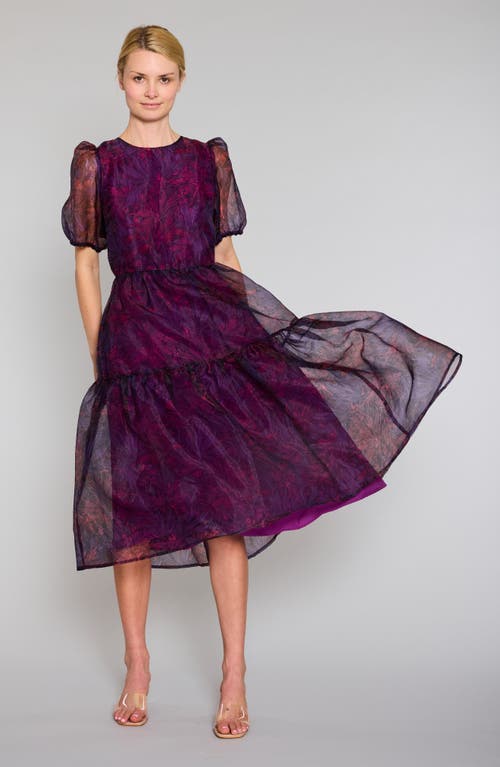 Shop Melloday Print Puff Sleeve Tiered Midi Dress In Magenta Multi