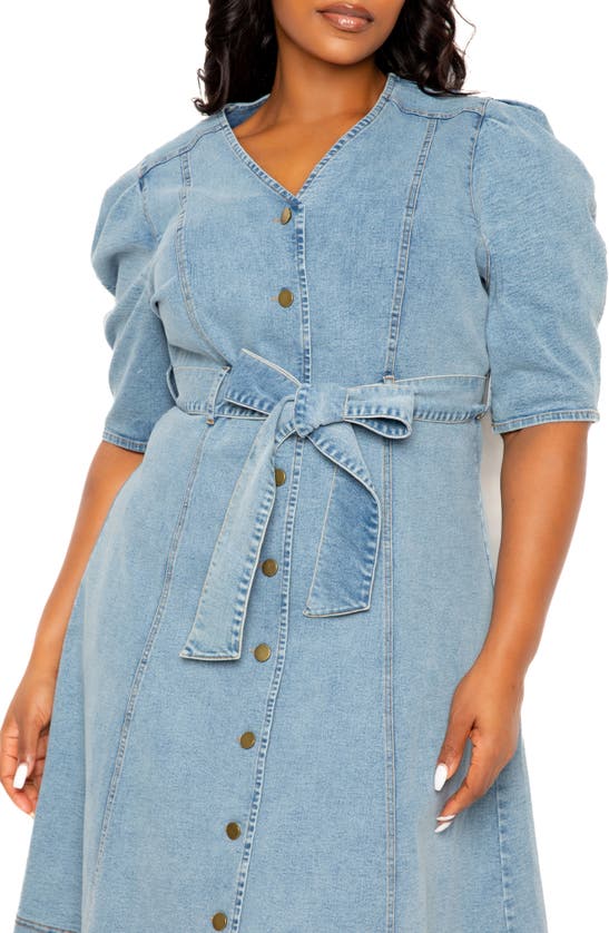 Buxom Couture Puff Sleeve Tie Belt Denim Shirtdress In Denim Blue