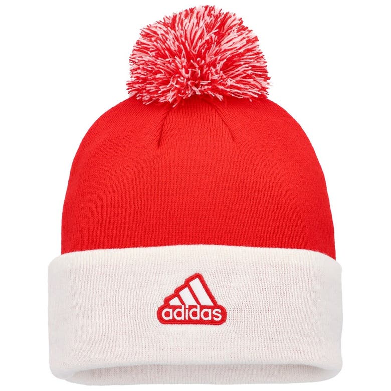 Shop Adidas Originals Adidas Red Detroit Red Wings Team Stripe Cuffed Knit Hat With Pom