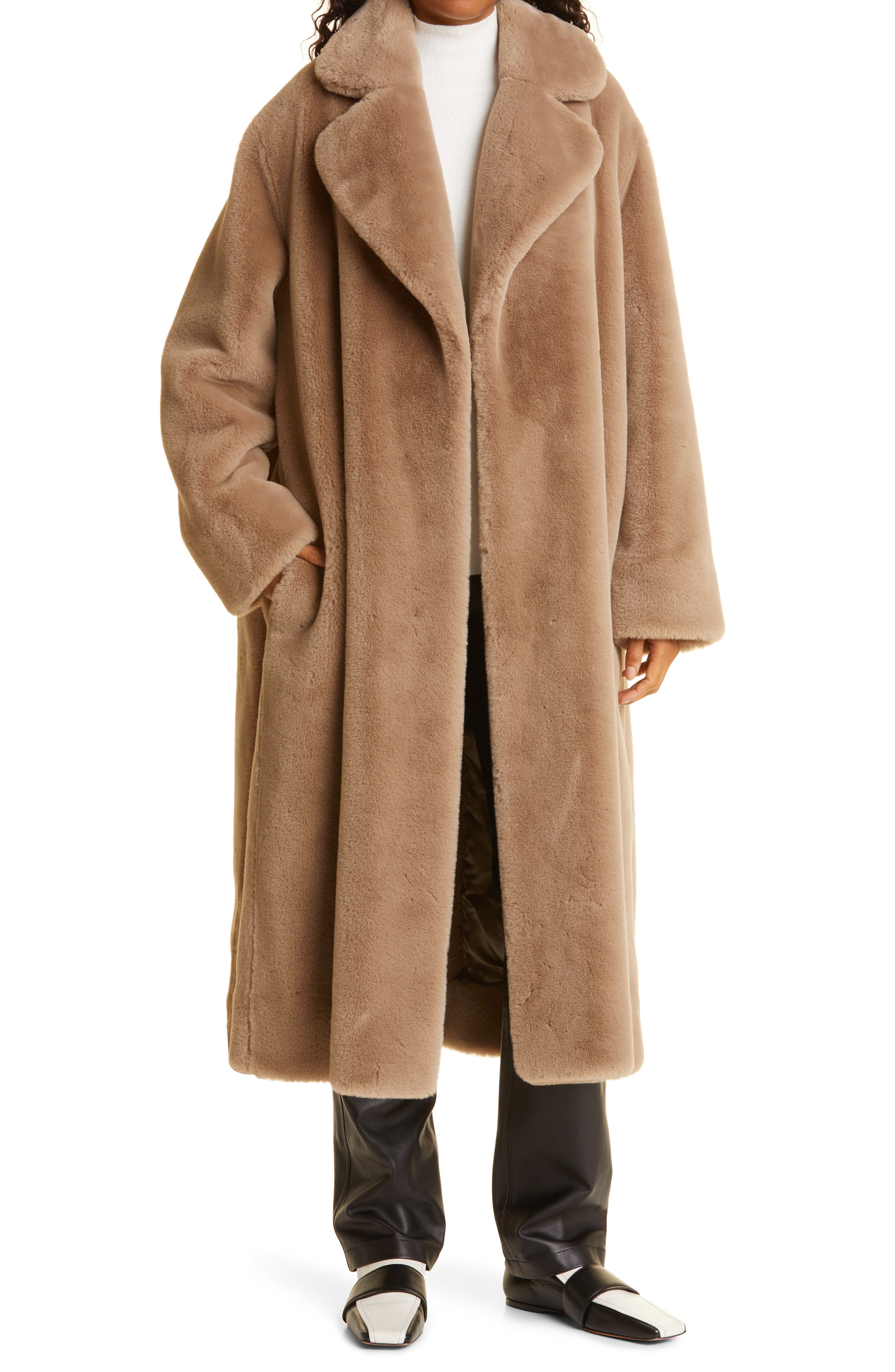 long brown belted coat