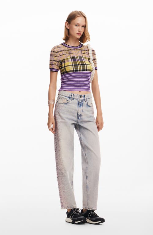 Shop Desigual Cuadri Jacquard Short Sleeve Sweater In Purple Mix