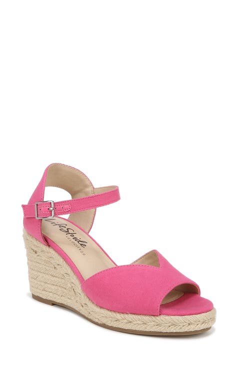 Women Neon Pink Ankle Strap Wedge Sandals, Fabric Funky Sandals