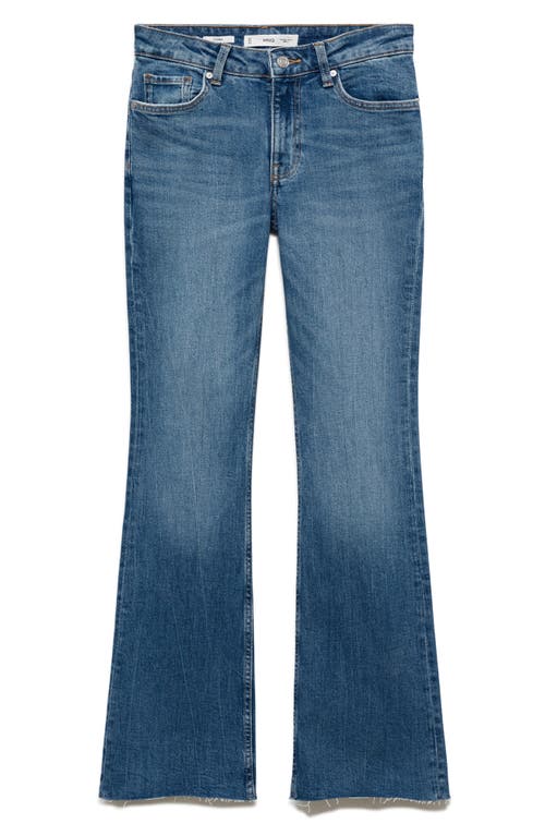 Shop Mango Frayed Mid Rise Flare Jeans In Medium Blue